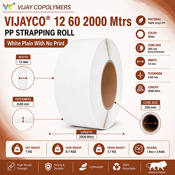 VIJAYCO® 12 60 2000 Mtrs PP Strapping Roll White Plain