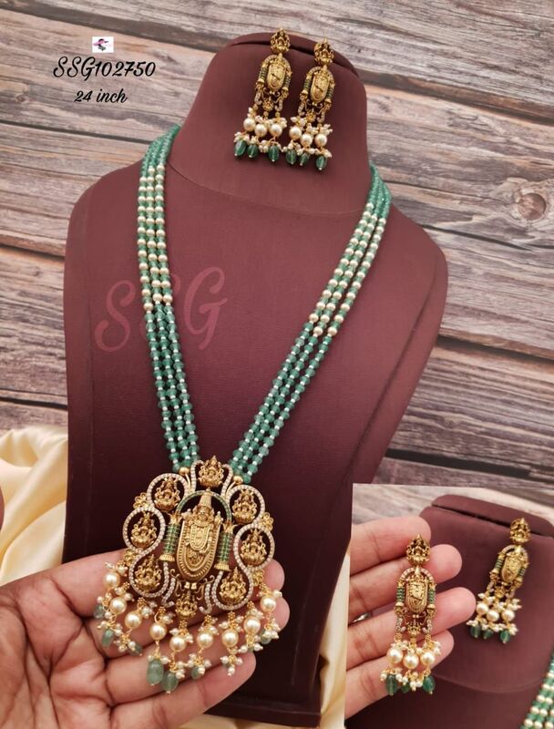 V460: Beautiful Venkateswara Swami Pendent Pearls Long Haram