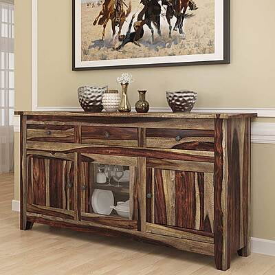 Rustic Solid Wood Sideboard with Mixed Panels, Drawers & Glass Display