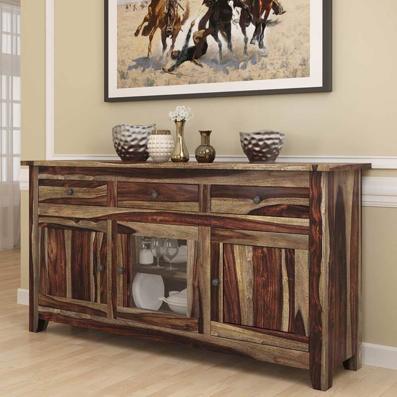 Rustic Solid Wood Sideboard with Mixed Panels, Drawers & Glass Display Rustic Solid Wood Sideboard with Mixed Panels, Drawers & Glass Display