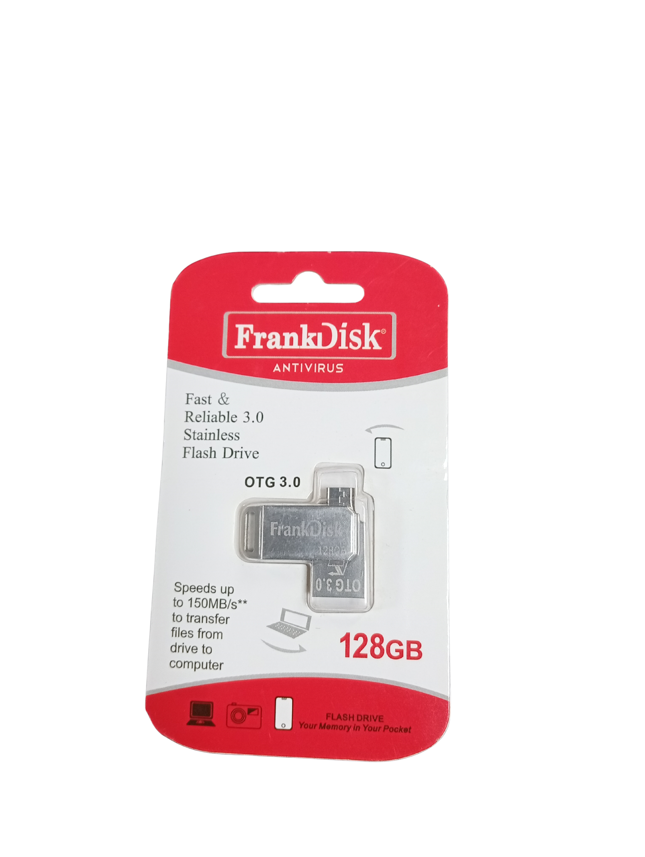 FrankDisk Antivirus 128gb Stainless OTG Flash Drive With Memory Card Space