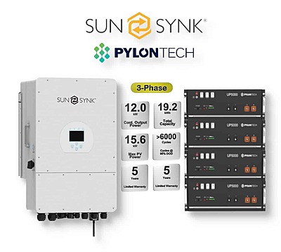 12.0 kW SUNSYNK 3-Phase Hybrid - PYLONTECH Combo, c/w 4x 4.8 kWh Lithium Batteries