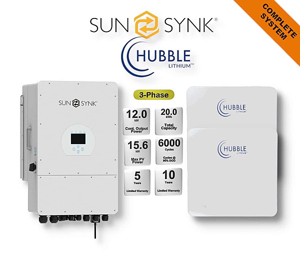 12.0 kW SUNSYNK 3-Phase Hybrid - HUBBLE Combo, c/w 2x 10.0 kWh Lithium Batteries