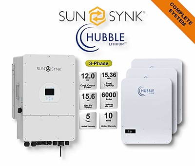 12.0 kW SUNSYNK 3-Phase Hybrid - HUBBLE Combo, c/w 3x 5.12 kWh Lithium Batteries