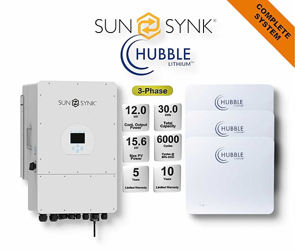 12.0 kW SUNSYNK 3-Phase Hybrid - HUBBLE Combo, c/w 3x 10.0 kWh Lithium Batteries
