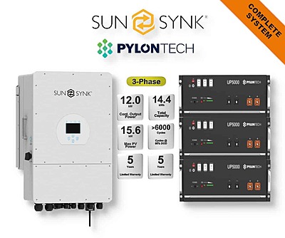 12.0 kW SUNSYNK 3-Phase Hybrid - PYLONTECH Combo, c/w 3x 4.8 kWh Lithium Batteries