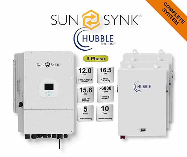 12.0 kW SUNSYNK 3-Phase Hybrid - HUBBLE Combo, c/w 3x 5.5 kWh Lithium Batteries