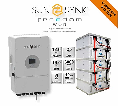 12.0 kW SUNSYNK Hybrid - FREEDOM WON Combo, c/w 5x 5.0 kWh Lithium Batteries