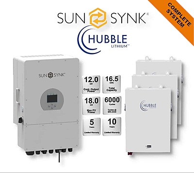12.0 kW SUNSYNK Hybrid - HUBBLE Lithium Combo, c/w 3x 5.5 kWh Lithium Batteries