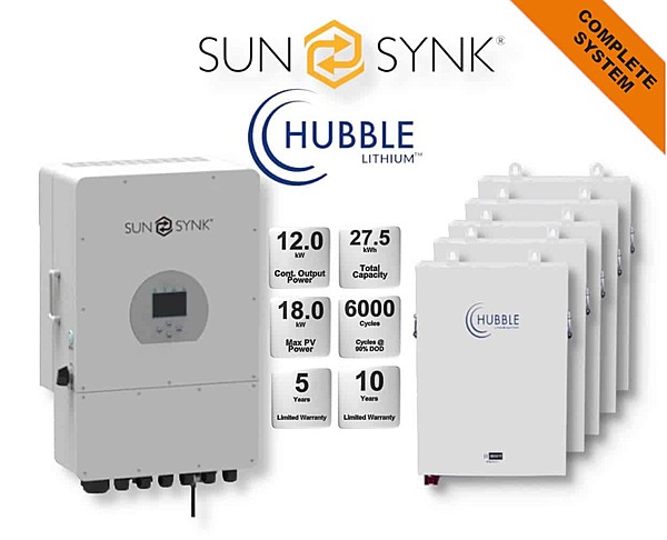 12.0 kW SUNSYNK Hybrid - HUBBLE Lithium Combo, c/w 5x 5.5 kWh Lithium Batteries