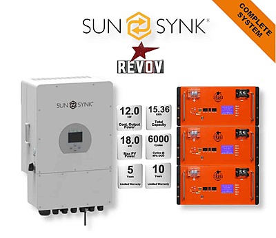 12.0 kW SUNSYNK Hybrid - REVOV Combo, c/w 3x 5.12 kWh Lithium Batteries