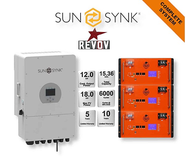 12.0 kW SUNSYNK Hybrid - REVOV Combo, c/w 3x 5.12 kWh Lithium Batteries