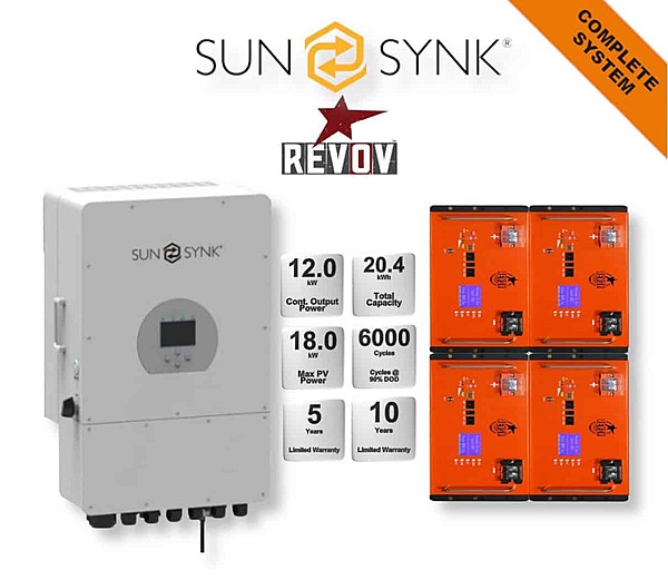 12.0 kW SUNSYNK Hybrid - REVOV Combo, c/w 4x 5.12 kWh Lithium Batteries