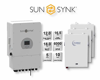12.0 kW SUNSYNK Hybrid - HUBBLE Lithium Combo, c/w 3x 5.5 kWh Lithium Batteries