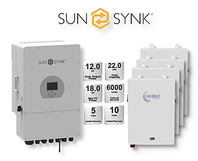 12.0 kW SUNSYNK Hybrid - HUBBLE Lithium Combo, c/w 4x 5.5 kWh Lithium Batteries 12.0 kW SUNSYNK Hybrid - HUBBLE Lithium Combo, c/w 4x 5.5 kWh Lithium Batteries