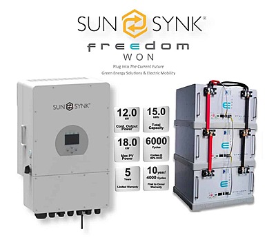 12.0 kW SUNSYNK Hybrid - FREEDOM WON Combo, c/w 3x 5.0 kWh Lithium Batteries