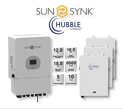 12.0 kW SUNSYNK Hybrid - HUBBLE Lithium Combo, c/w 3x 5.5 kWh Lithium Batteries