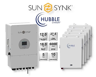 12.0 kW SUNSYNK Hybrid - HUBBLE Lithium Combo, c/w 5x 5.5 kWh Lithium Batteries