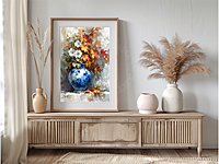 Fall Floral Still Life Print: Blue China Vase, Autumn Flowers (Digital Download)