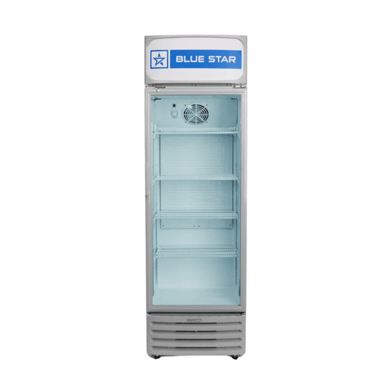 Commercial beverage refrigerator with glass door, Blue Star.