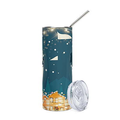 Santa Sleigh Over Village Skinny Tumbler – Christmas Night Holiday Drinkware