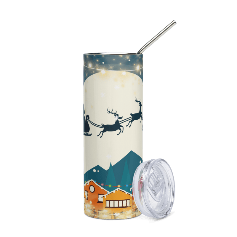 Santa Sleigh Over Village Skinny Tumbler – Christmas Night Holiday Drinkware