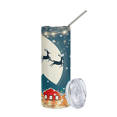 Santa Sleigh Over Village Skinny Tumbler – Christmas Night Holiday Drinkware