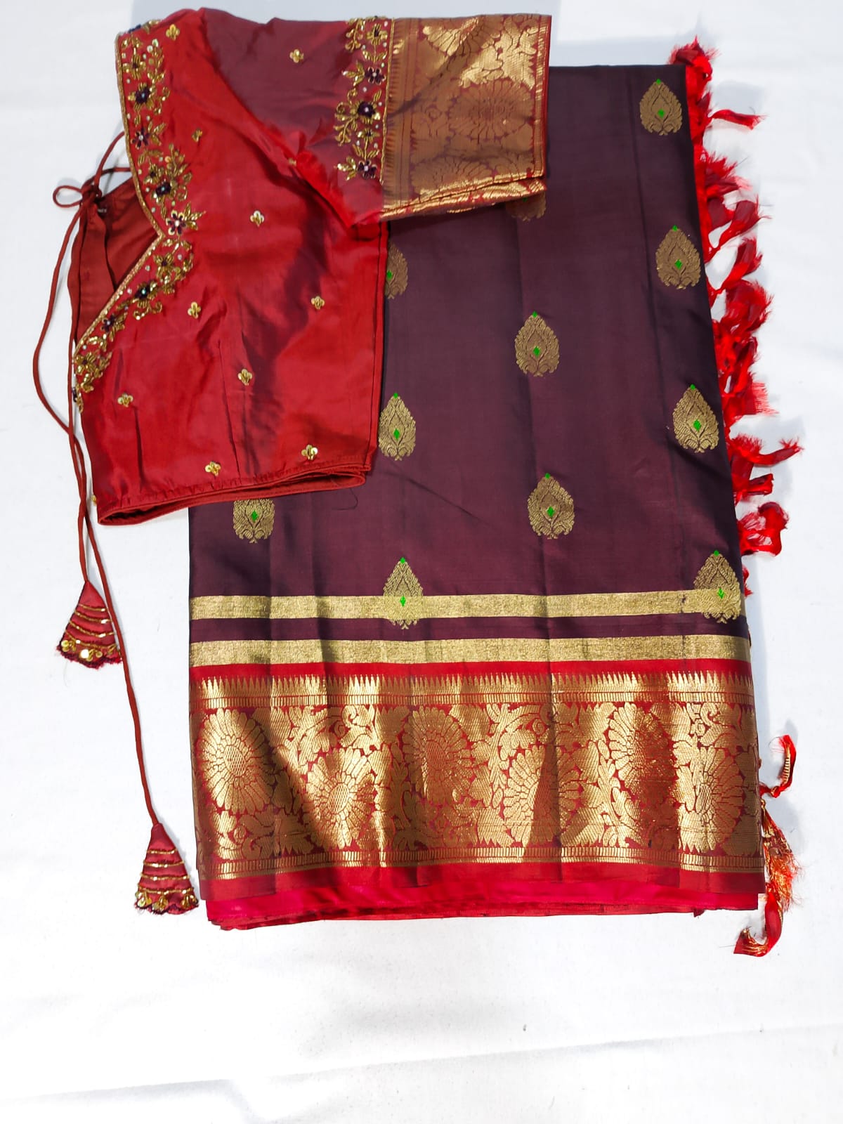 N621: Ready To Ship Beautiful Pure Kanchipattu Saree With Stitched Maggam Work Blouse