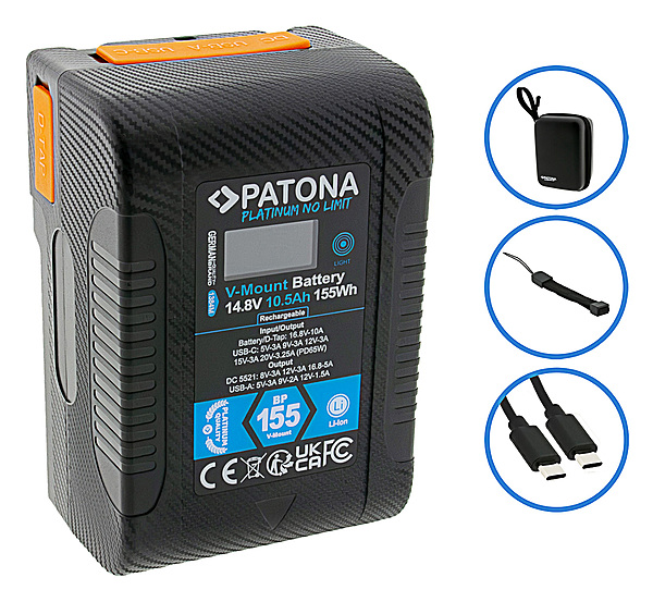 PATONA Platinum V-Mount battery BP-155W PD65 155Wh USB-C USB-A 2xD-Tap DC-out incl. Hardcase