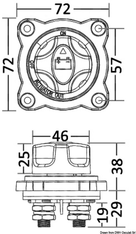 Semi-recessed battery switch ON-OFF-OUT
