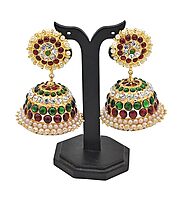 Temple Jewellery – Red, Green Kempstones & White Stones Jhumka/Jhimiki Earrings