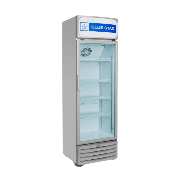 Blue Star 190L glass door fridge displaying beverages.