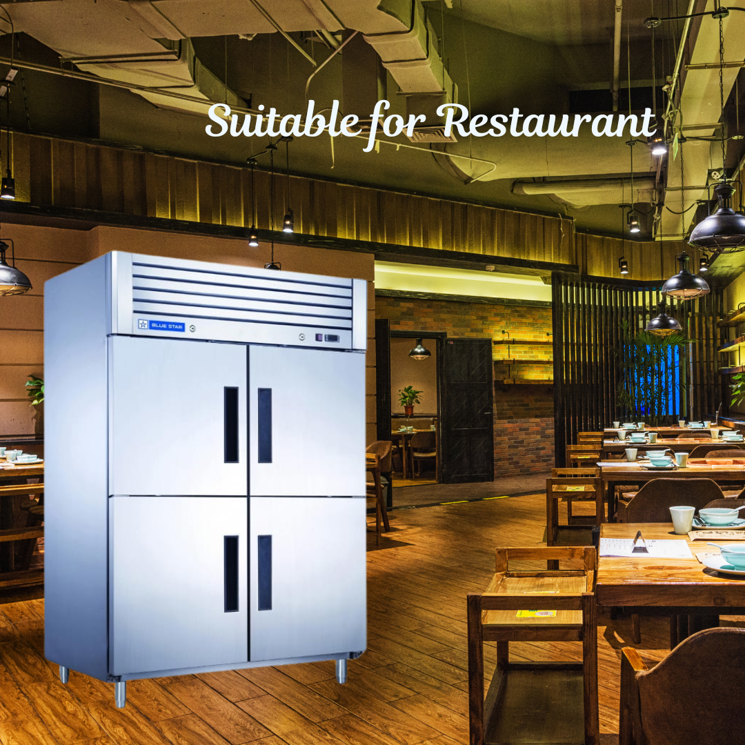 Blue Star 4 Door Reach-In Chiller-GP Series in a bustling restaurant kitchen.