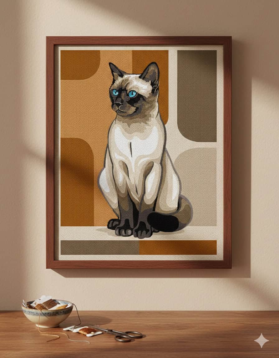 "Eleganza Felina": Tela Siamese dagli Occhi Blu a Mezzopunto