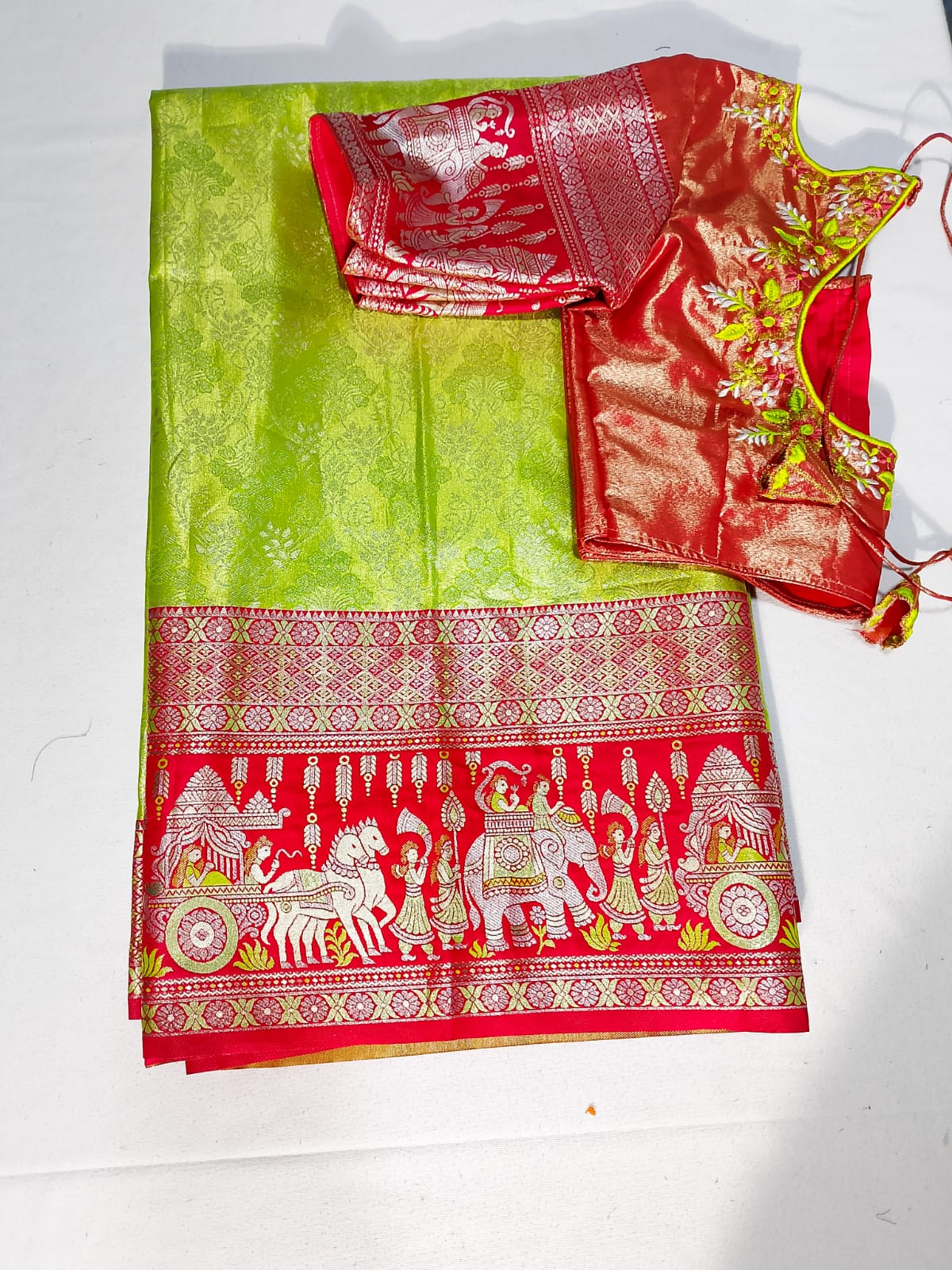 N626: Ready To Ship Beautiful Semi Kanchipattu Saree With Stitched Embroidery Work Blouse