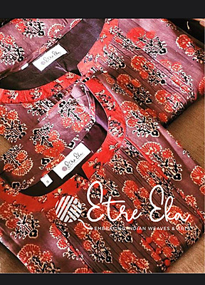 AJRAKH PRINT MUL COTTON KURTI LIGHT CHOCOLATE WITH RED FLORAL PRINTS