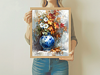 Fall Floral Still Life Print: Blue China Vase, Autumn Flowers (Digital Download)