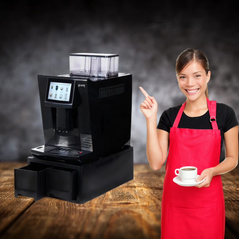 A person selecting their personalized coffee preference on the Atlantis Brew control panel.