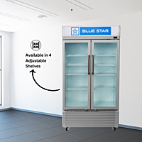 Close-up of adjustable shelves in a Blue Star Visi Cooler VC750E-657 liters