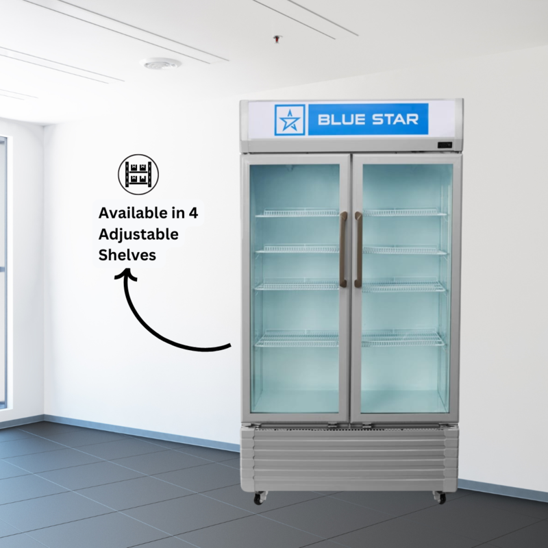 Close-up of adjustable shelves in a Blue Star Visi Cooler VC750E-657 liters