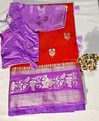 J222: Ready To Ship Beautiful Banarasi Raw Mango Silk Saree With Stitched Blouse