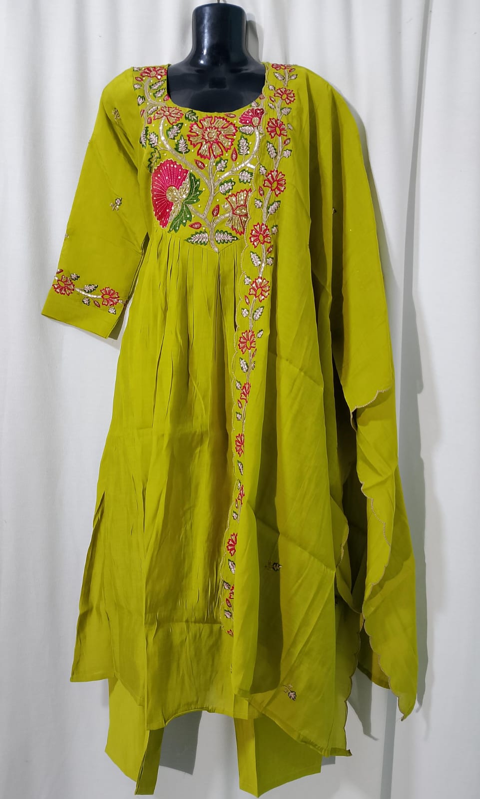 K072: Ready To Ship Beautiful 3PC Pure Mal Chandri Embroidery Work Designer Dress