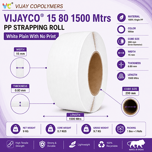 VIJAYCO® 15 80 1500 Mtrs PP Strapping Roll White Plain With No Print