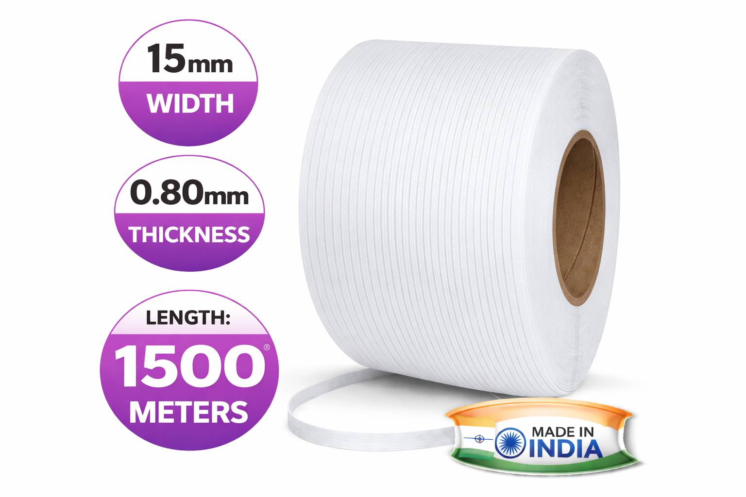 VIJAYCO® 15 80 1500 Mtrs PP Strapping Roll White Plain With No Print