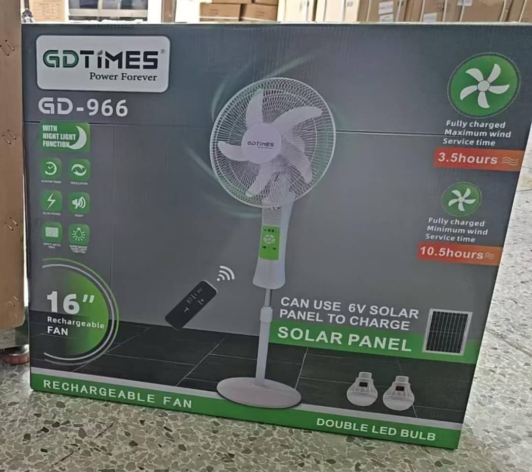 16" GDtimes solar rechargeable fan with 2 bulbs and solar panel