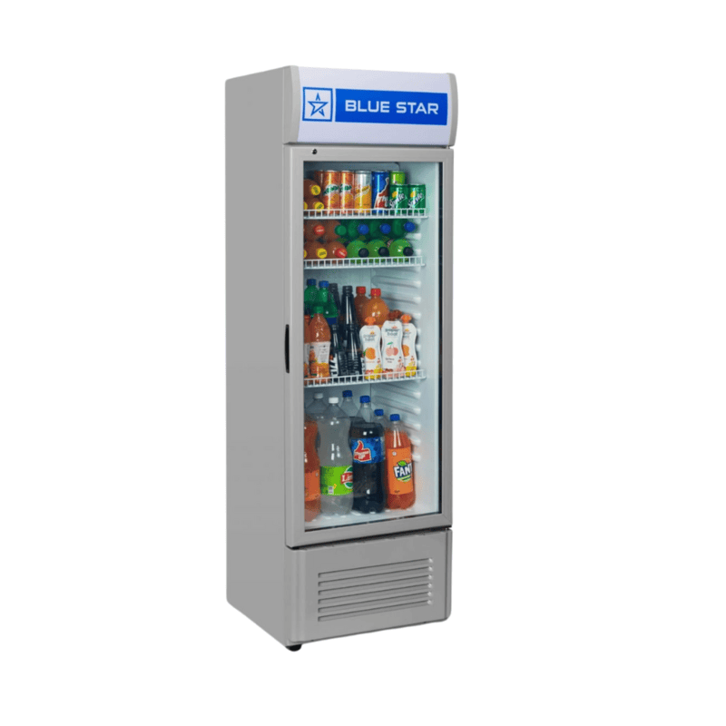 Commercial beverage refrigerator with transparent door, Blue Star, 220 liters.