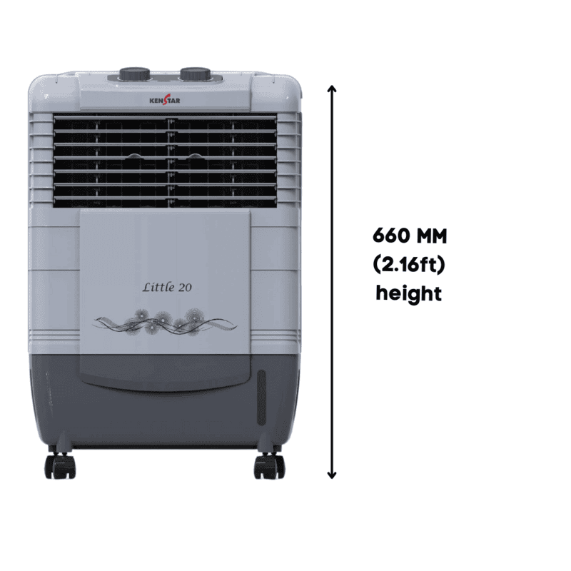 Kenstar grey air cooler featuring honey comb cooling technology.