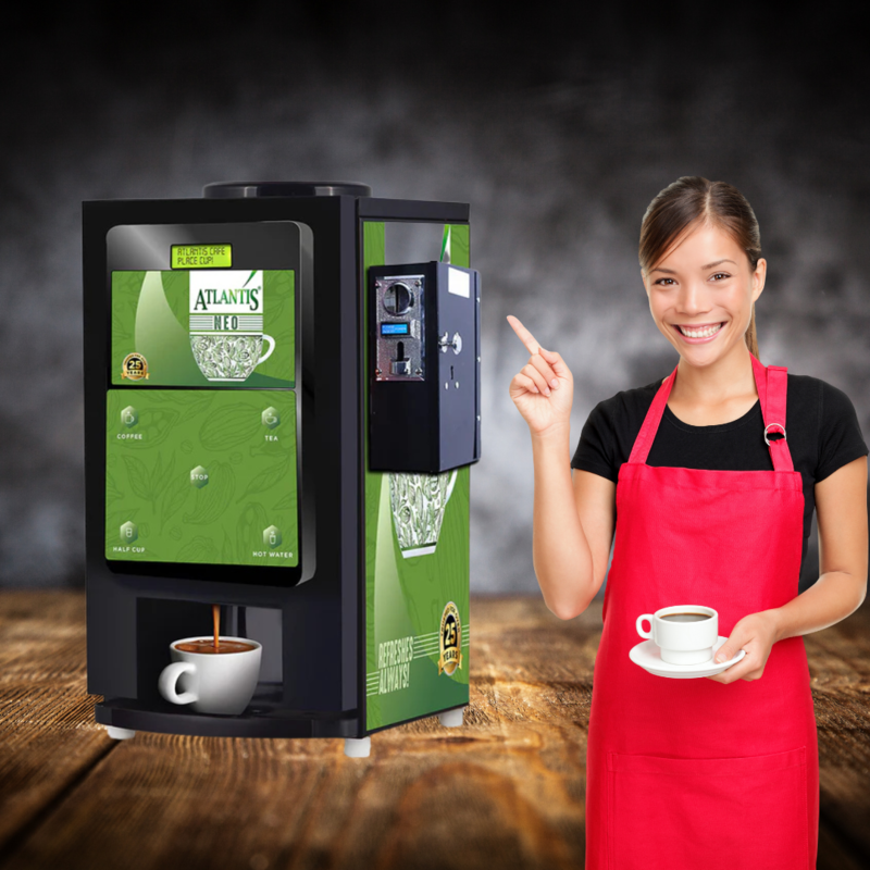 Close-up of the user-friendly interface and bright display of the Atlantis Neo vending machine.