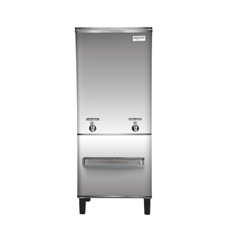 Front view of the Voltas PSS 150/150, showcasing its dual faucets and durable stainless steel top. Front view of the Voltas PSS 150/150, showcasing its dual faucets and durable stainless steel top.