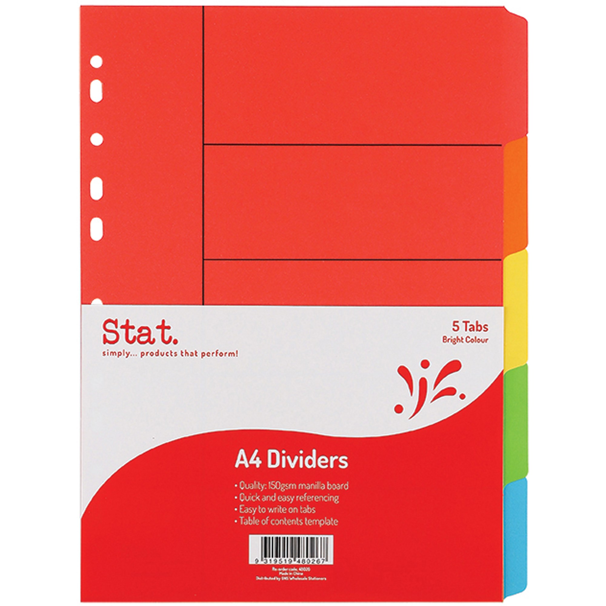 Stat Manilla Divider A4 5 Tab Bright Colours